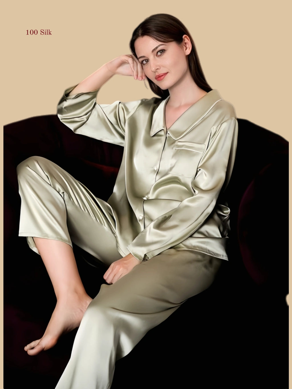 Green 19mm piped pajama set seated view with contrast piping and full-length pants