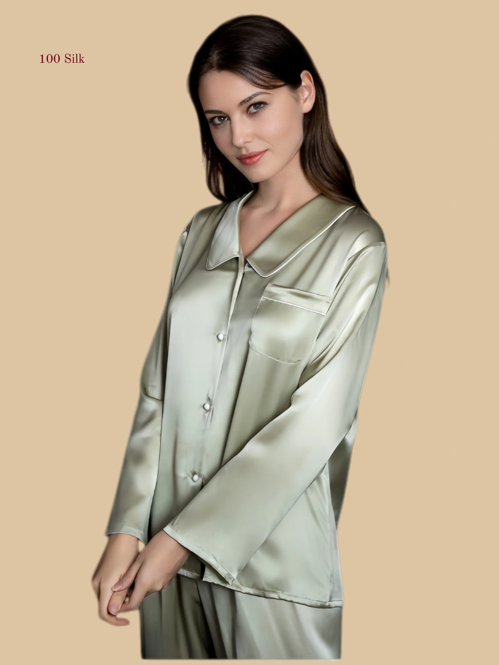 Green 19mm piped pajama set front view with rounded notch collar and chest pocket