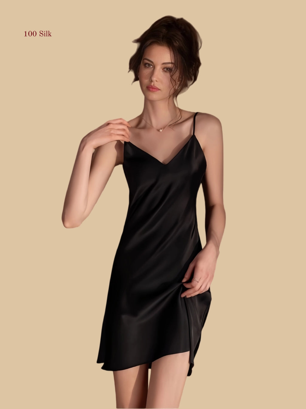 Black 19mm silk slip front view with clean V neckline and smooth drape