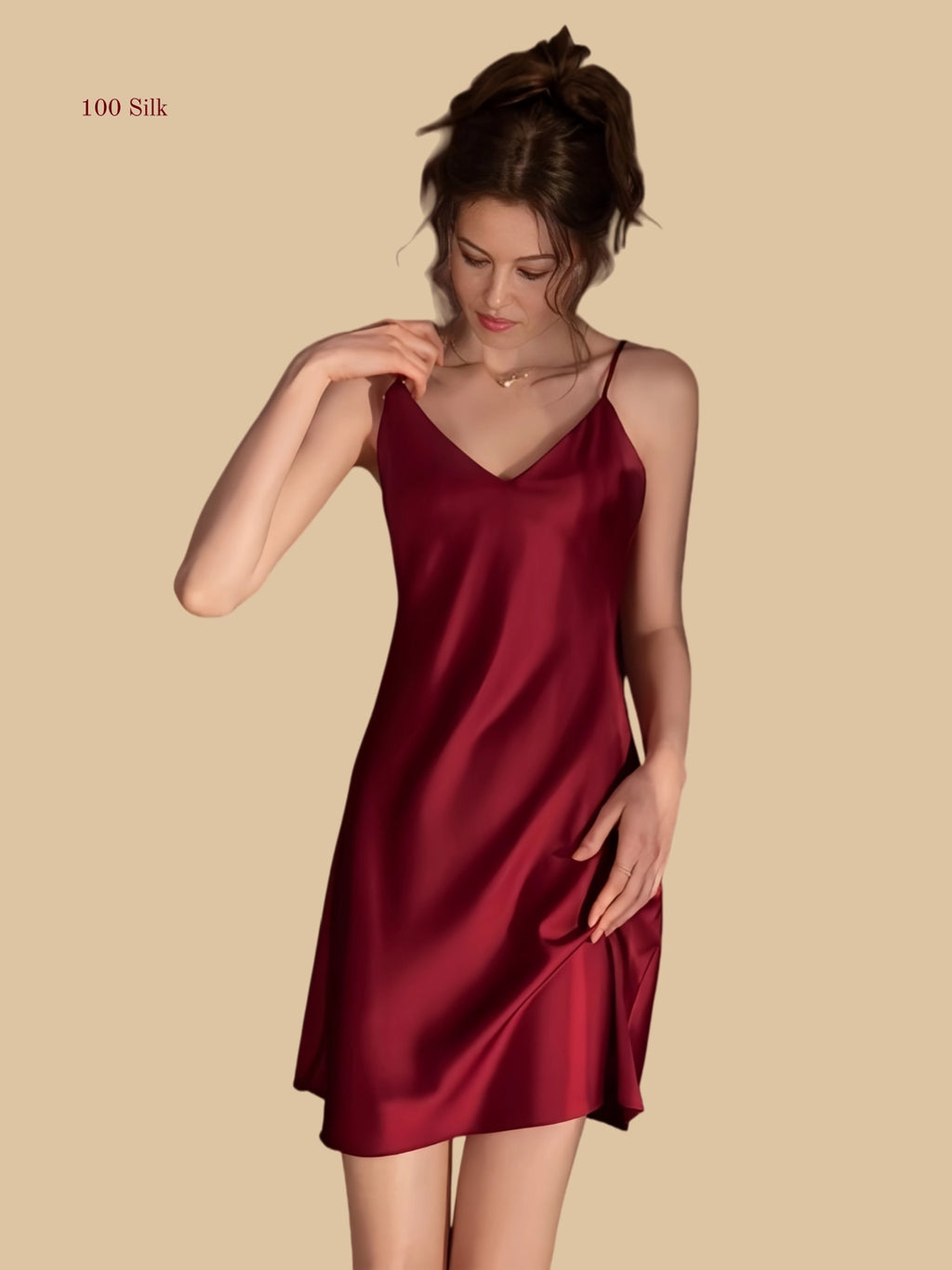 red 19mm silk slip front view with clean V neckline and smooth drape