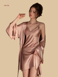 Pink 19mm short silk lounge set front view with short robe and clean V-neck mini slip