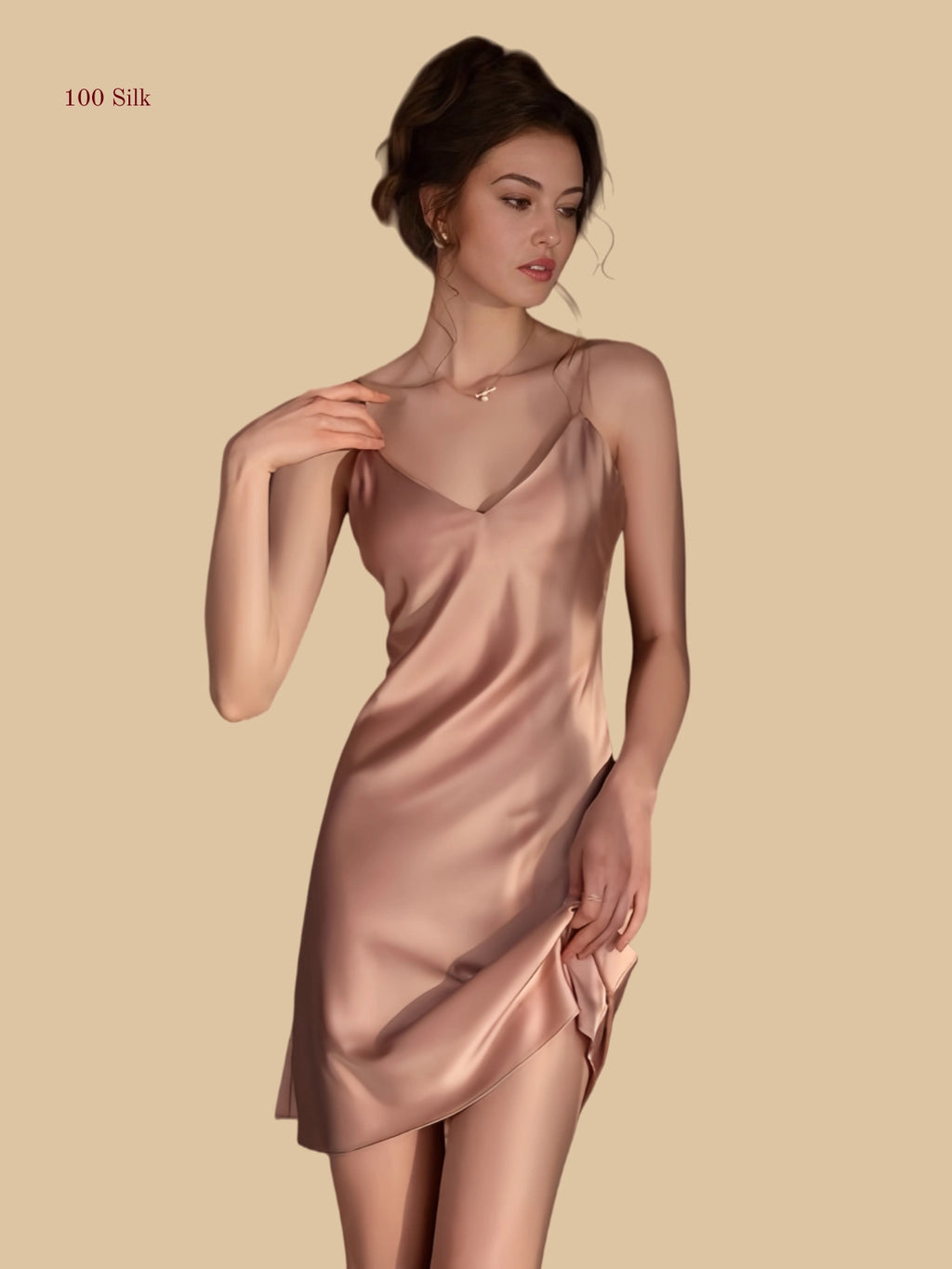 Pink 19mm silk slip front view with slim straps and fluid mini silhouette