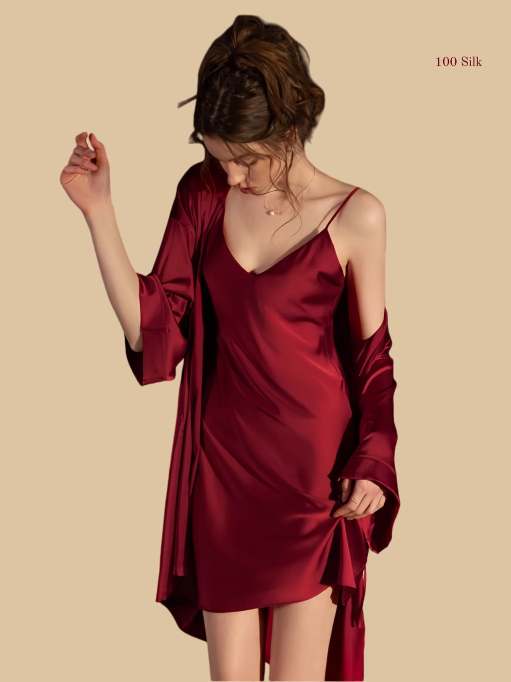 red 19mm short silk lounge set front view with short robe and clean V-neck mini slip