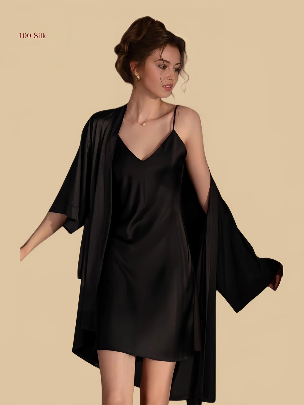 black 19mm short silk lounge set front view with short robe and clean V-neck mini slip