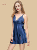 front view of 16mm silk lace cup nightgown in blue