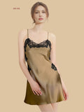 silk mini dress with lace side panels and straight neckline front