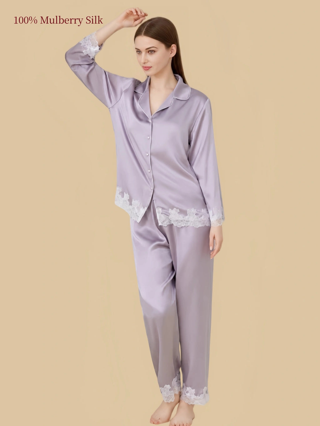 Silkgala 19 Momme Dusty Lavender mulberry silk pajamas with a notched collar, nine-tenths-length sleeves and pants, and floral lace trim.
