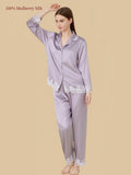 Silkgala 19 Momme Dusty Lavender mulberry silk pajamas with a notched collar, nine-tenths-length sleeves and pants, and floral lace trim.