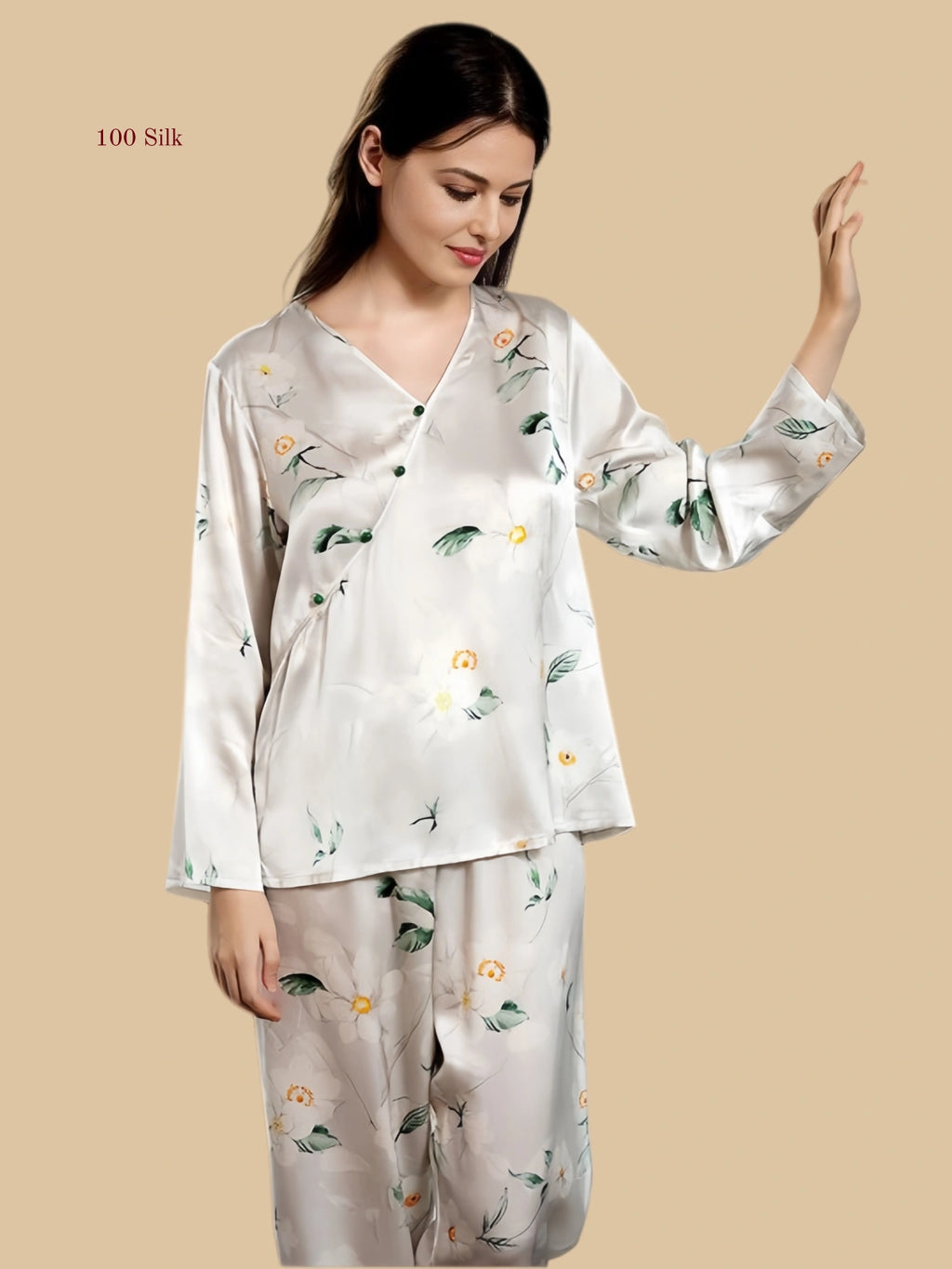 Champagne Apricot 19mm floral silk set front view with soft V neckline and full-length pants