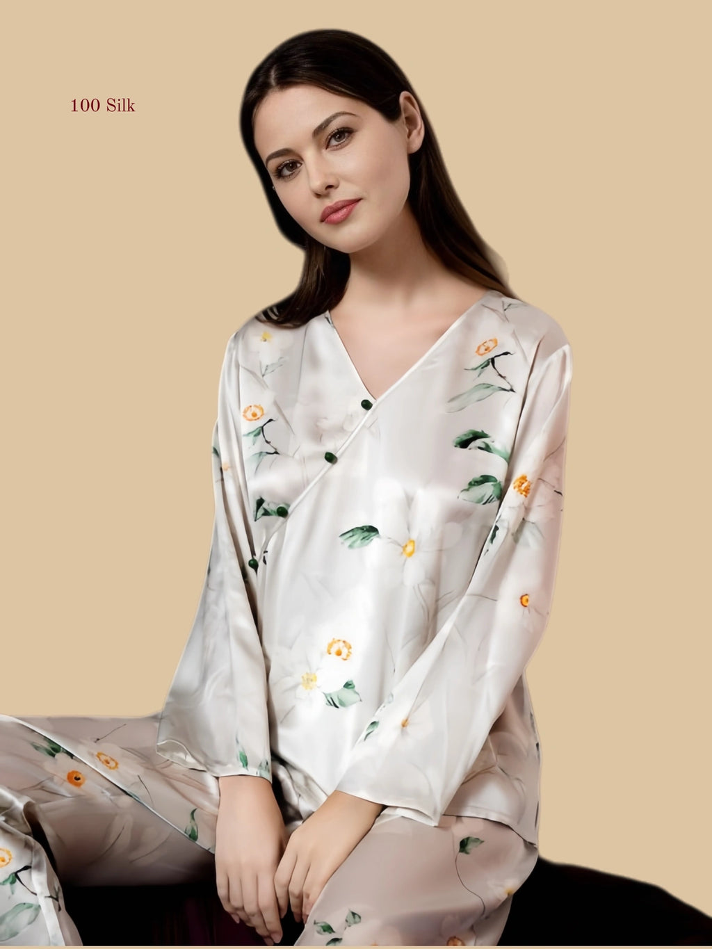 Champagne Apricot 19mm floral silk set seated view with botanical print and loose long-sleeve top