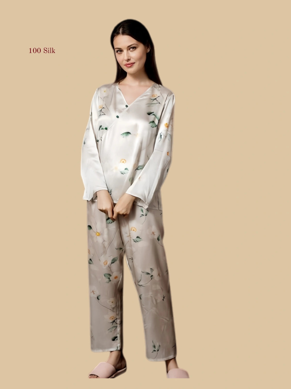 Champagne Apricot 19mm floral silk set front view with soft V neckline and full-length pants