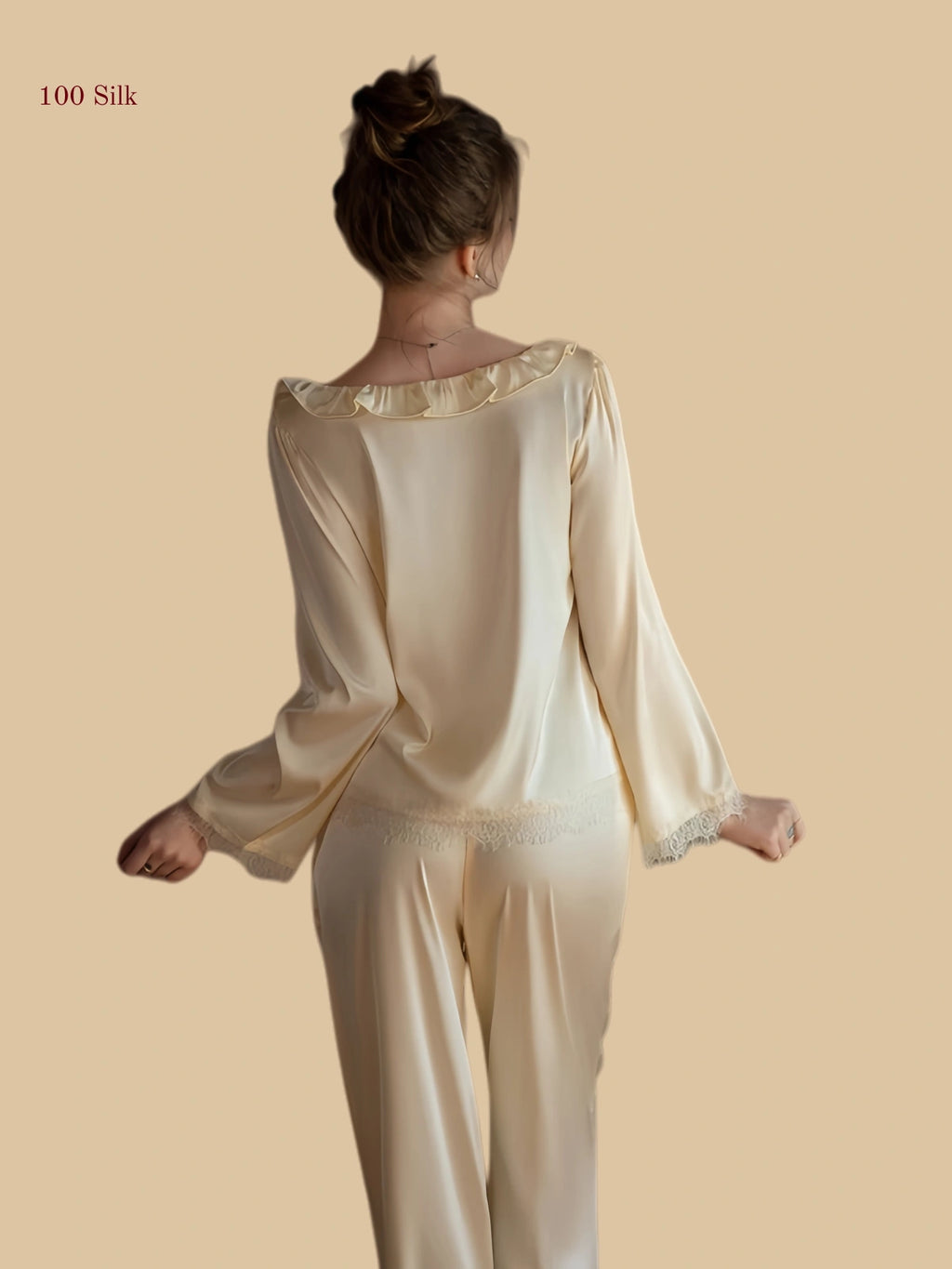 19mm french style silk lounge set ruffle trim creamy yellow back view