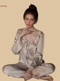 19mm french style silk lounge set square neck ruffle trim taupe pink front view