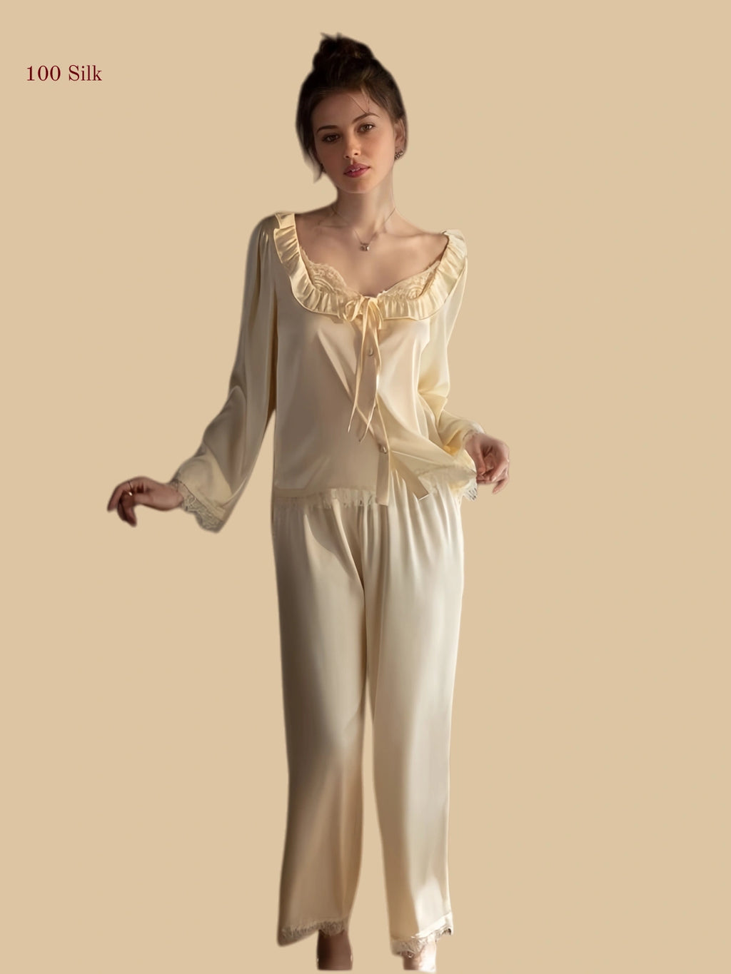 19mm french style silk lounge set square neck ruffle trim creamy yellow front view