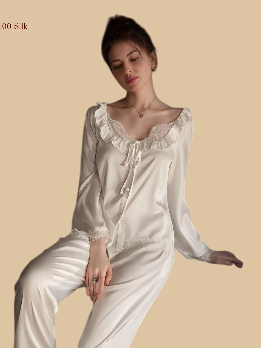 19mm french style silk lounge set square neck ruffle trim white front view