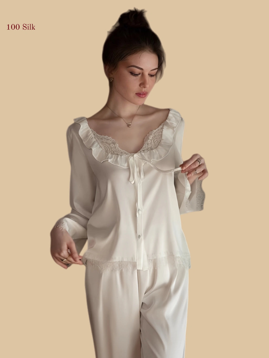 19mm french style silk lounge set square neck ruffle trim white front view