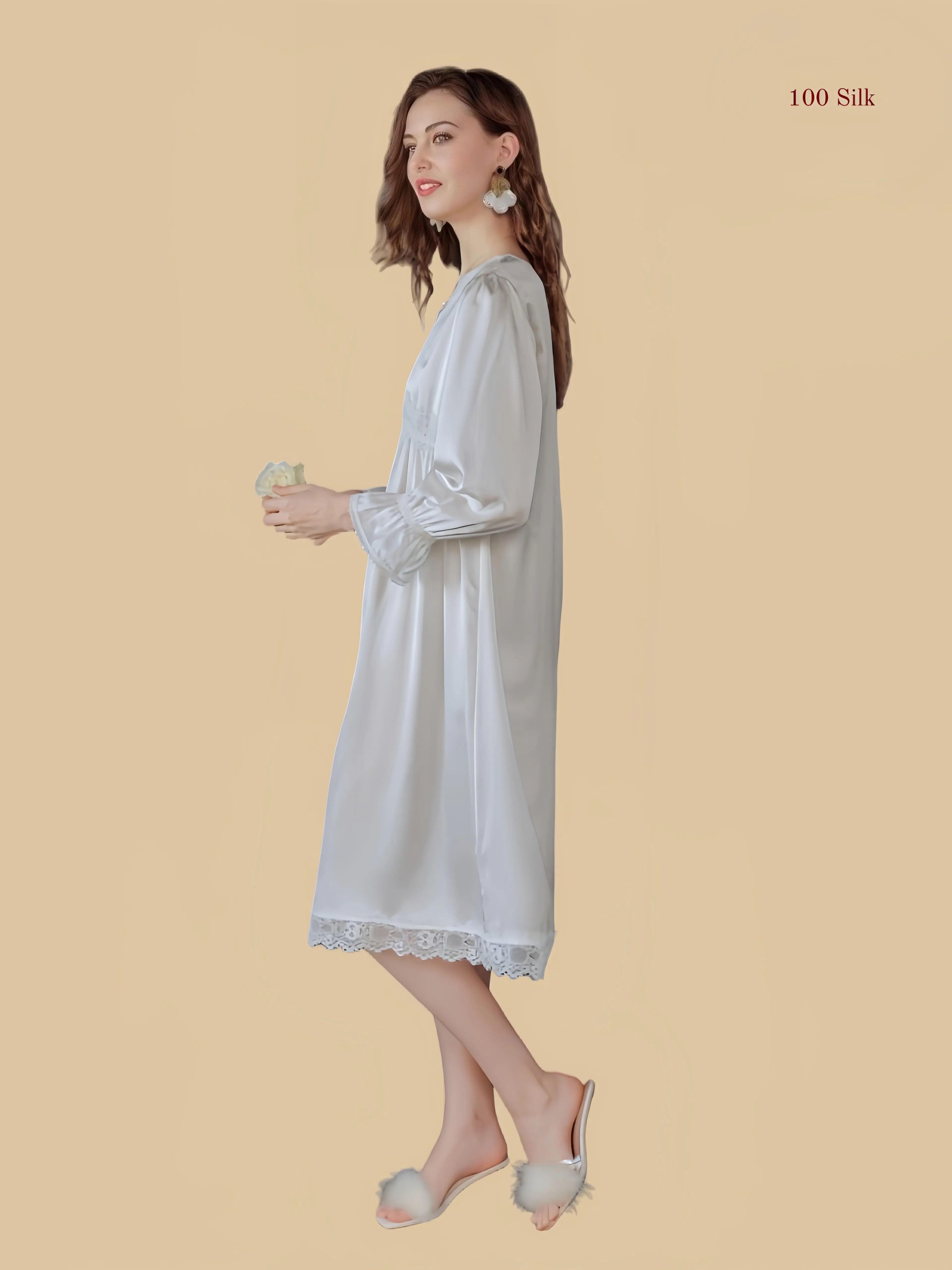 French Retro Silk V Neck Dress - 100% Mulberry Silk Silk Nightgown And Robe Set | Silkgala
