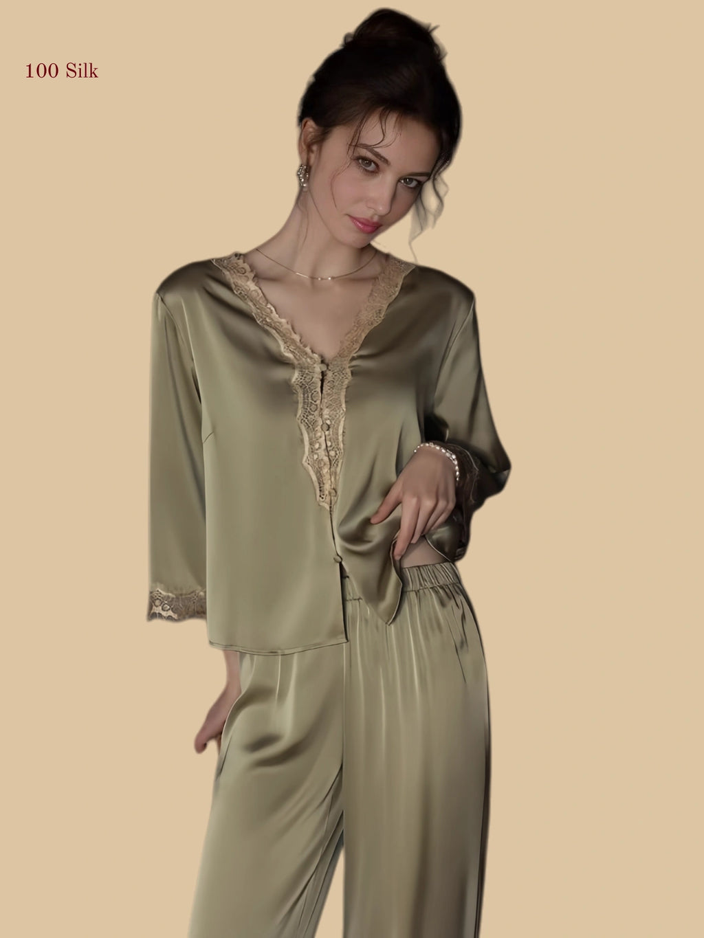 Matcha green 19mm lace-placket silk set front view with lace V neck and relaxed trousers