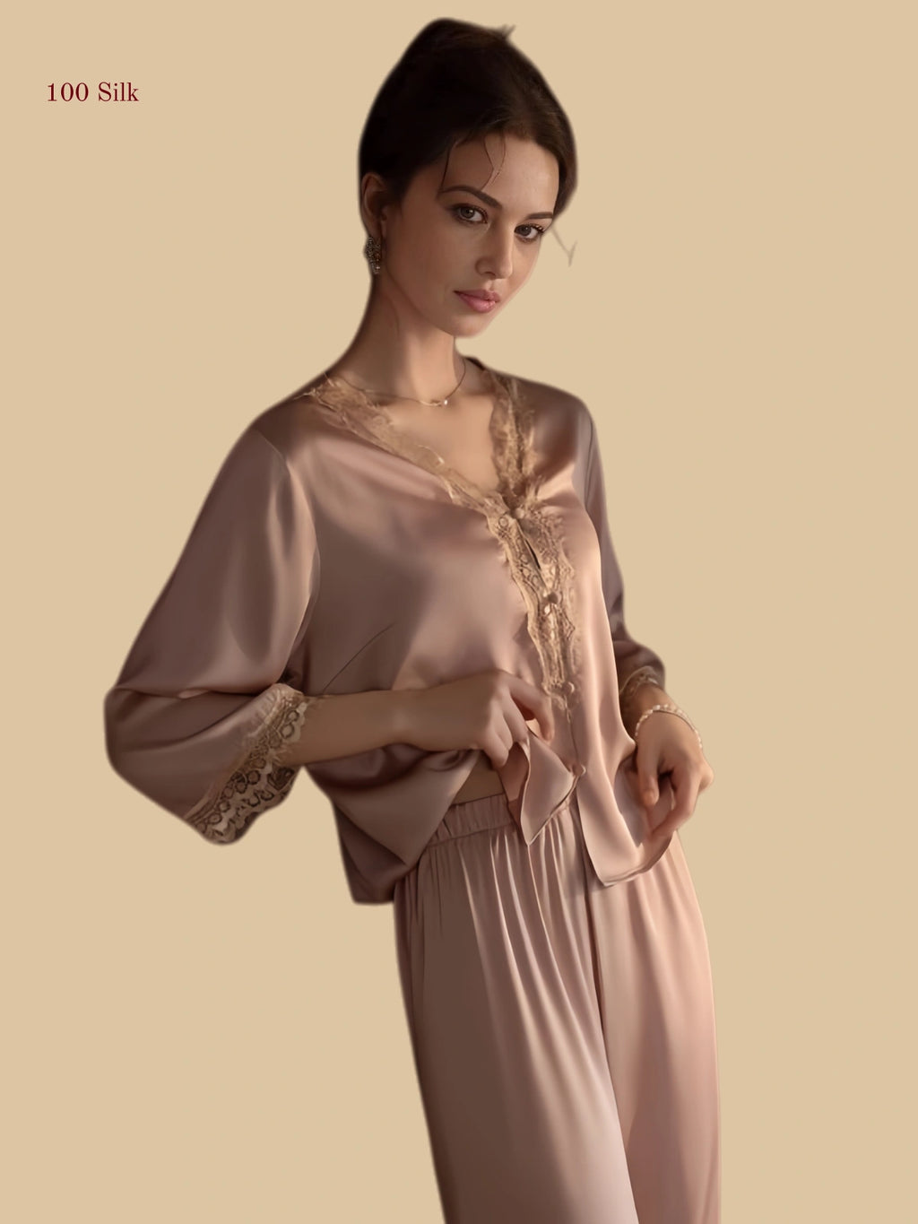 Bean paste pink 19mm lace-placket silk set front view with scalloped V neckline and full-length pants