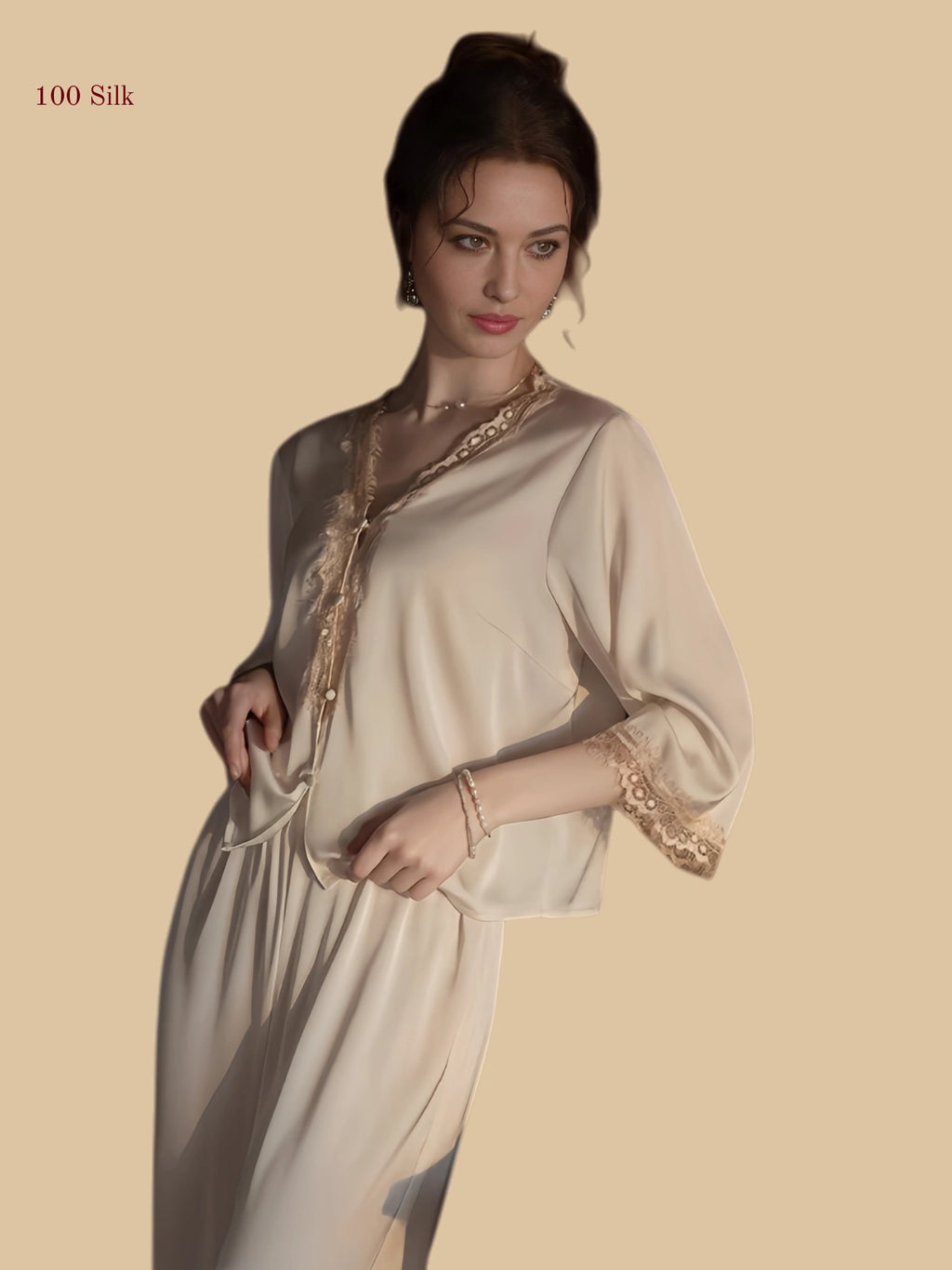 off-white 19mm lace-placket silk set front view with lace V neck and relaxed trousers