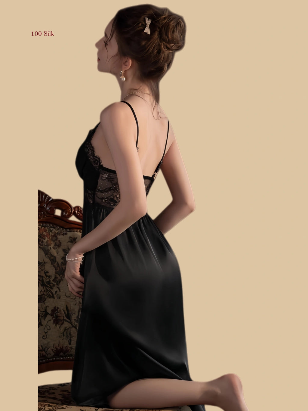 Black 19mm silk slip front view with lace neckline and empire lace panel