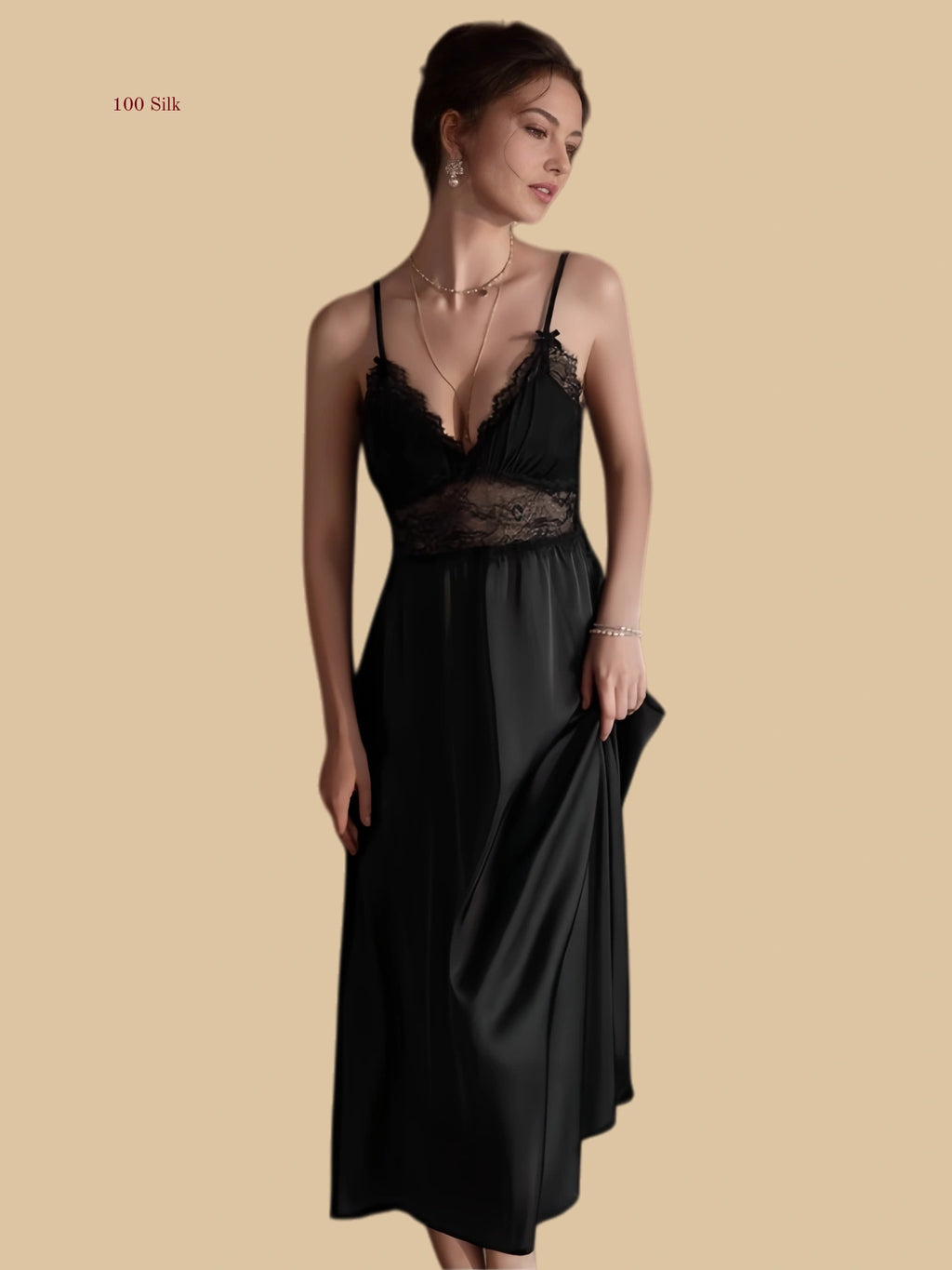 Black 19mm silk slip front view with lace neckline and empire lace panel