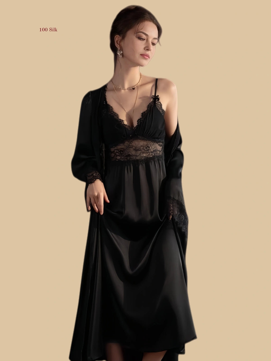 Black 19mm silk robe set front view with matching lace slip and long outer layer
