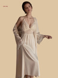 Cream apricot 19mm silk robe set front view with lace empire slip and matching long robe