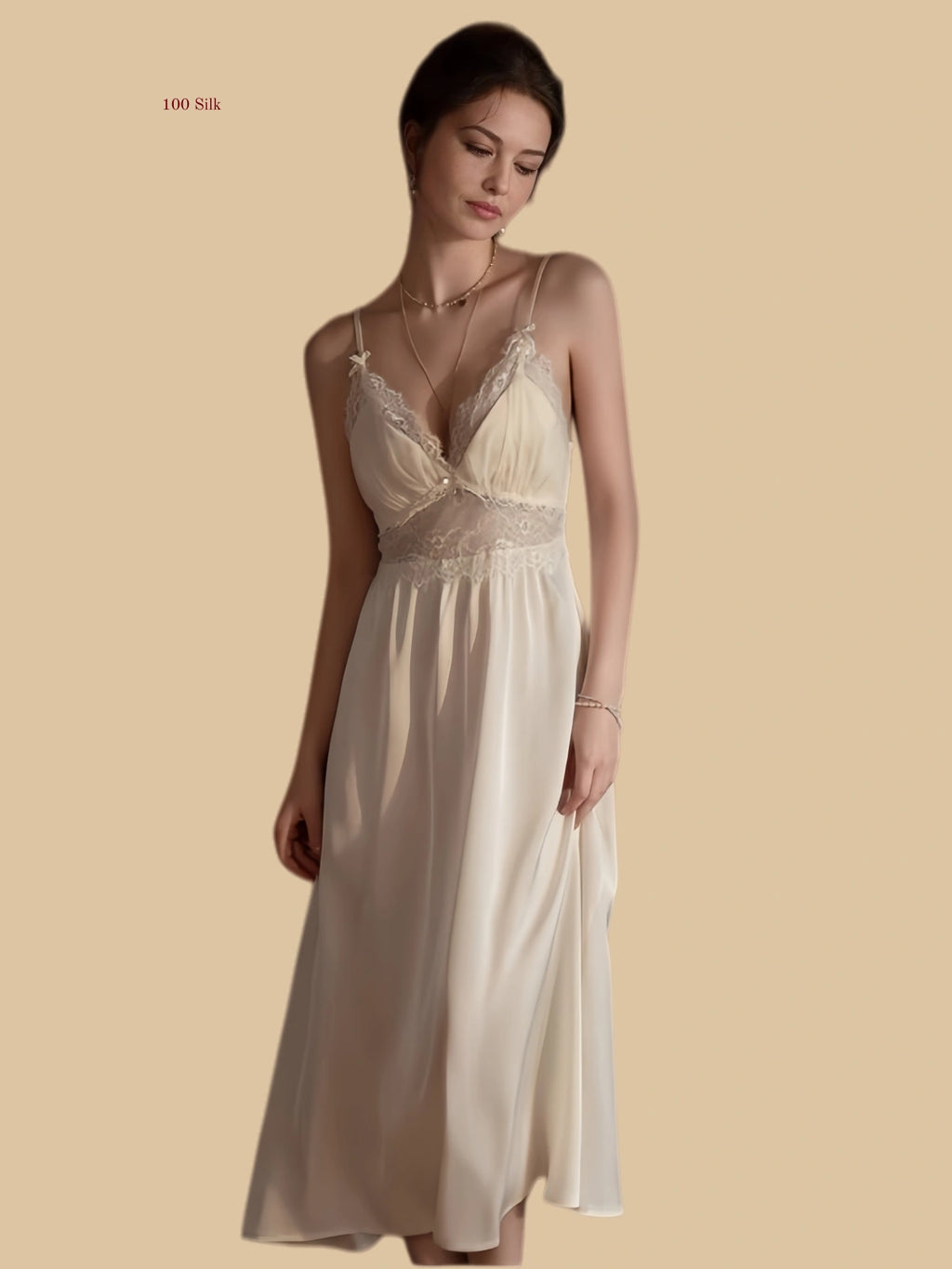 Cream apricot 19mm silk slip front view with lace neckline and empire lace panel