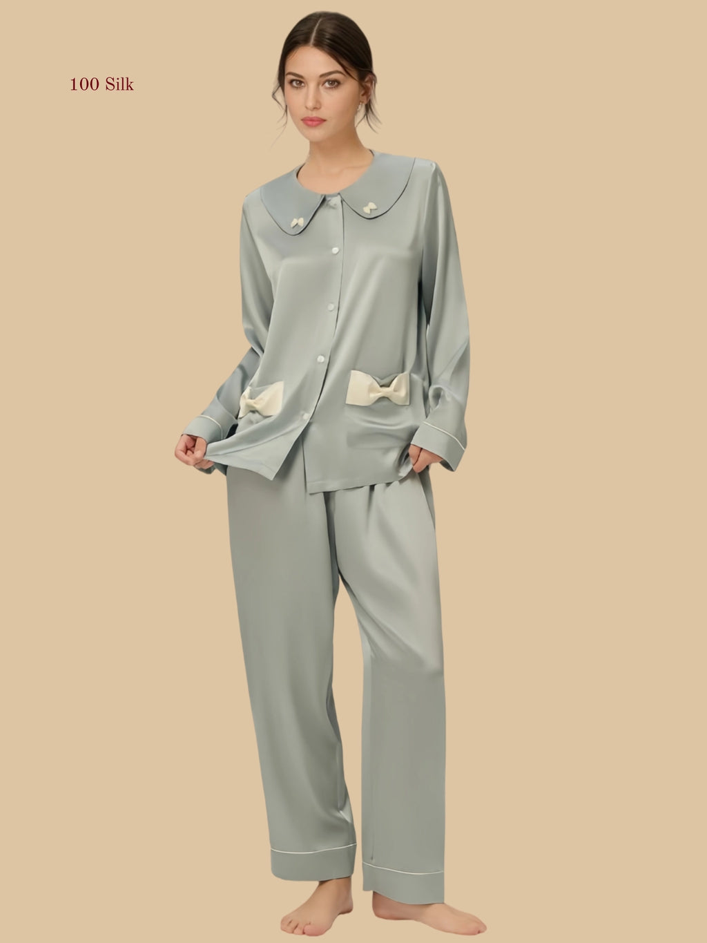 Champagne 19mm Peter Pan silk set front view with oversized collar, bow trims, and full-length pants