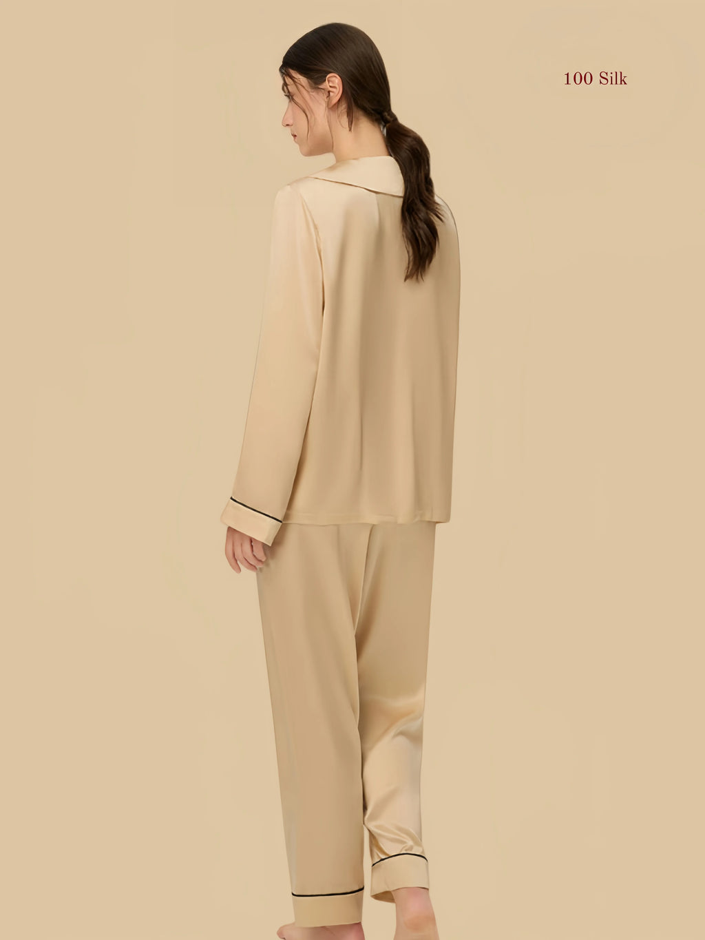 Champagne 19mm Peter Pan silk set back view with long sleeves and straight pants