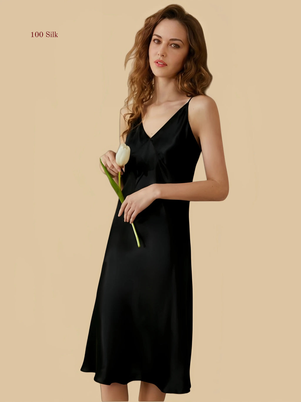 Front view of a 19mm Black mulberry silk long slip dress with a classic V-neckline and refined luster.