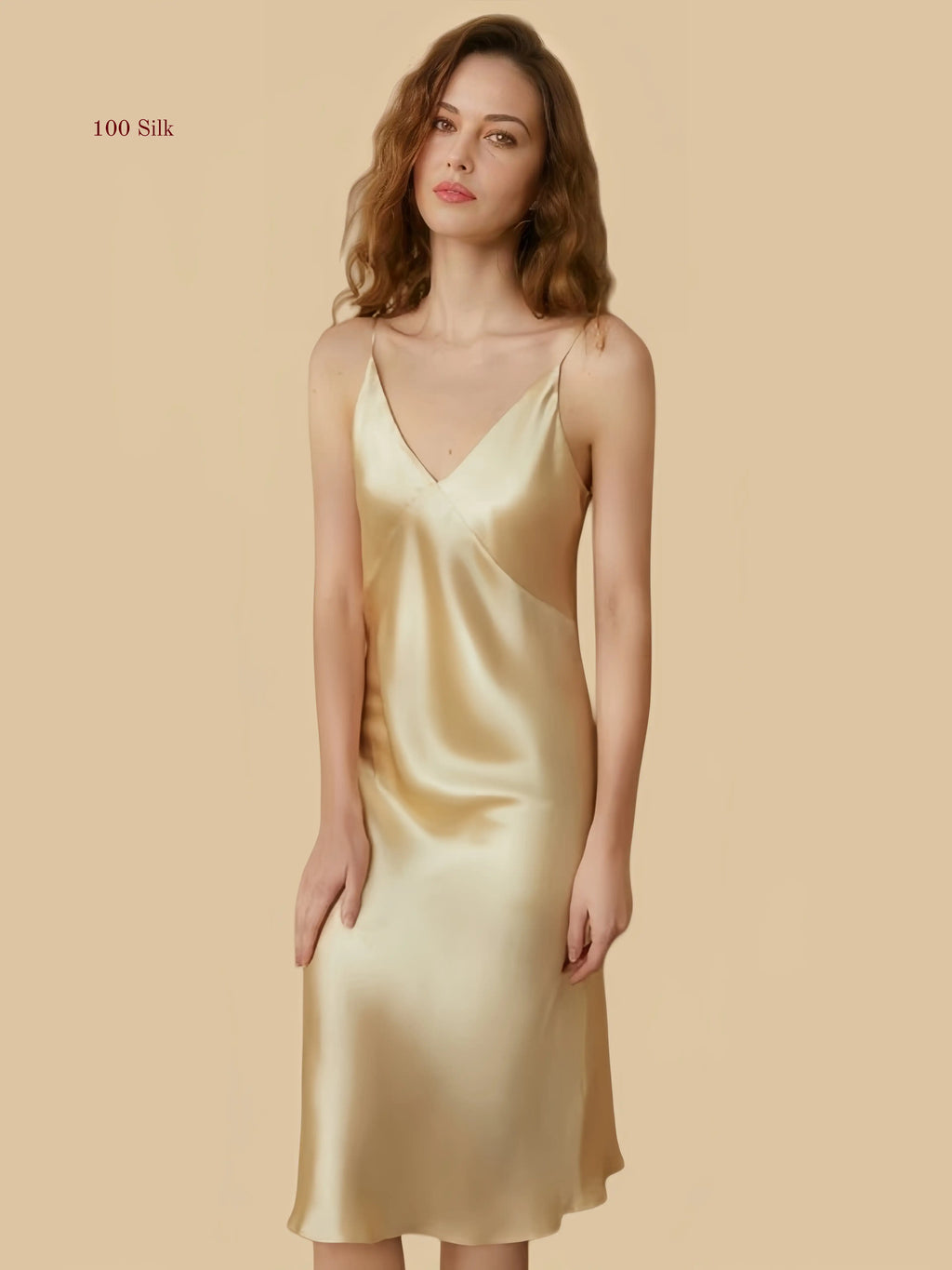 Front view of a 19mm champagne mulberry silk long slip dress with a classic V-neckline and refined luster.