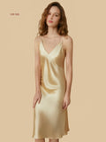Front view of a 19mm champagne mulberry silk long slip dress with a classic V-neckline and refined luster.