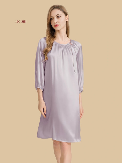 purple 16mm silk lounge dress front view with gathered neckline and shoulder tie