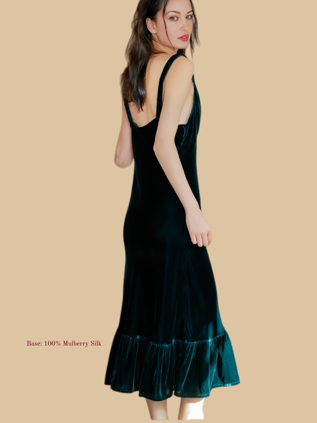 Green velvet midi dress side view with clean body-skimming silhouette and ruffled hem