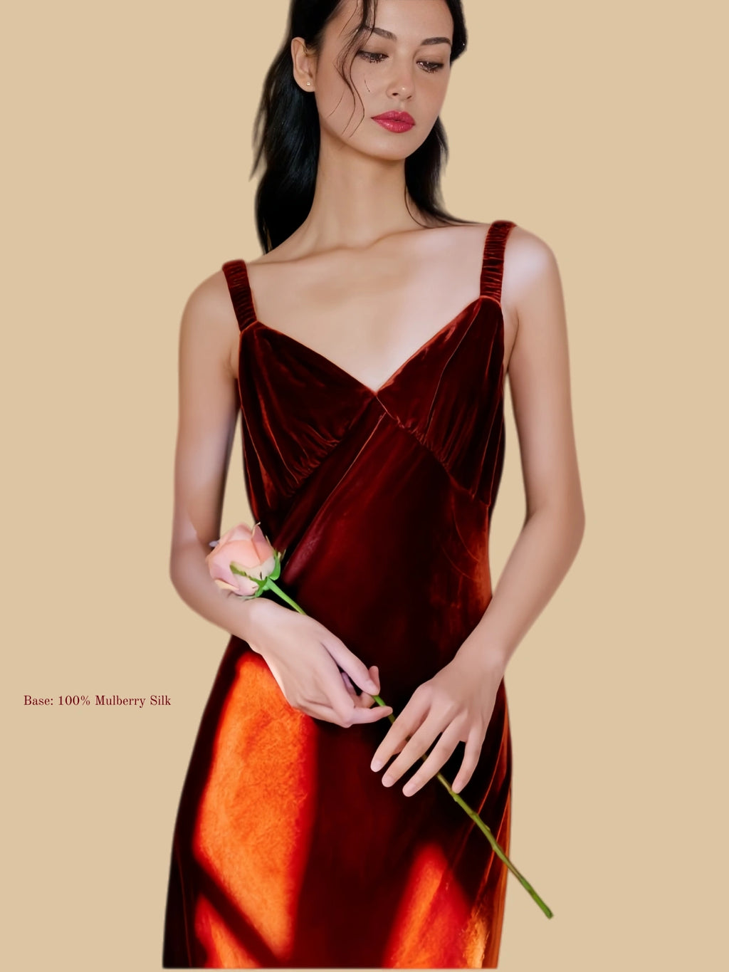 Maple leaf red velvet midi dress close view with wide shoulder straps and gathered neckline