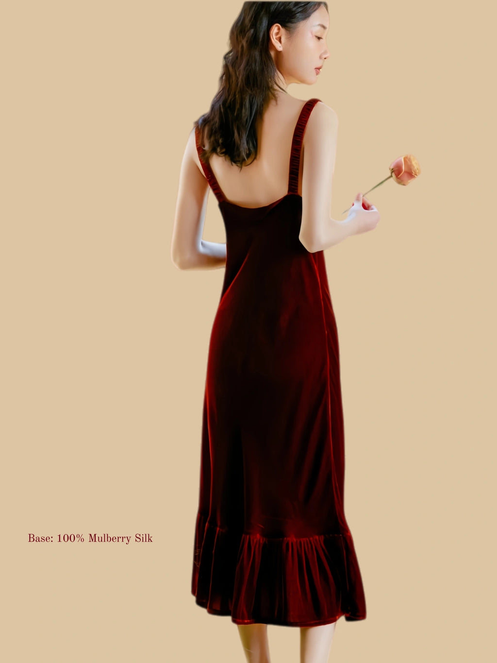 Maple leaf red velvet midi dress back view with wide straps and low back line