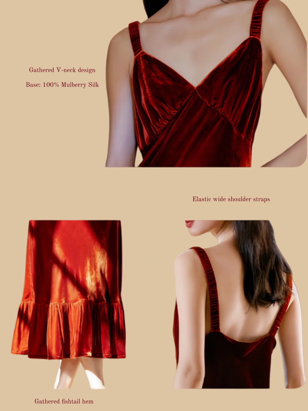 Velvet midi dress detail view with gathered V neckline, wide straps, and ruffled hem