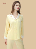Pale yellow 19mm contrast-collar pajama set front view with scalloped collar edge and pocket detail