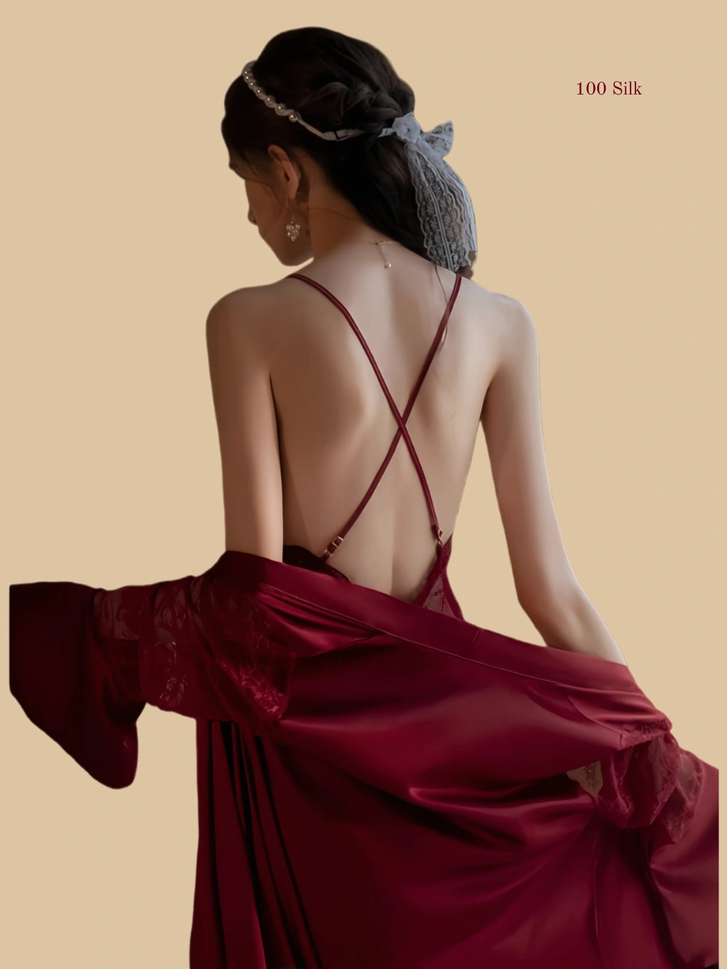 Burgundy 19mm silk slip back view with crossed straps and open back