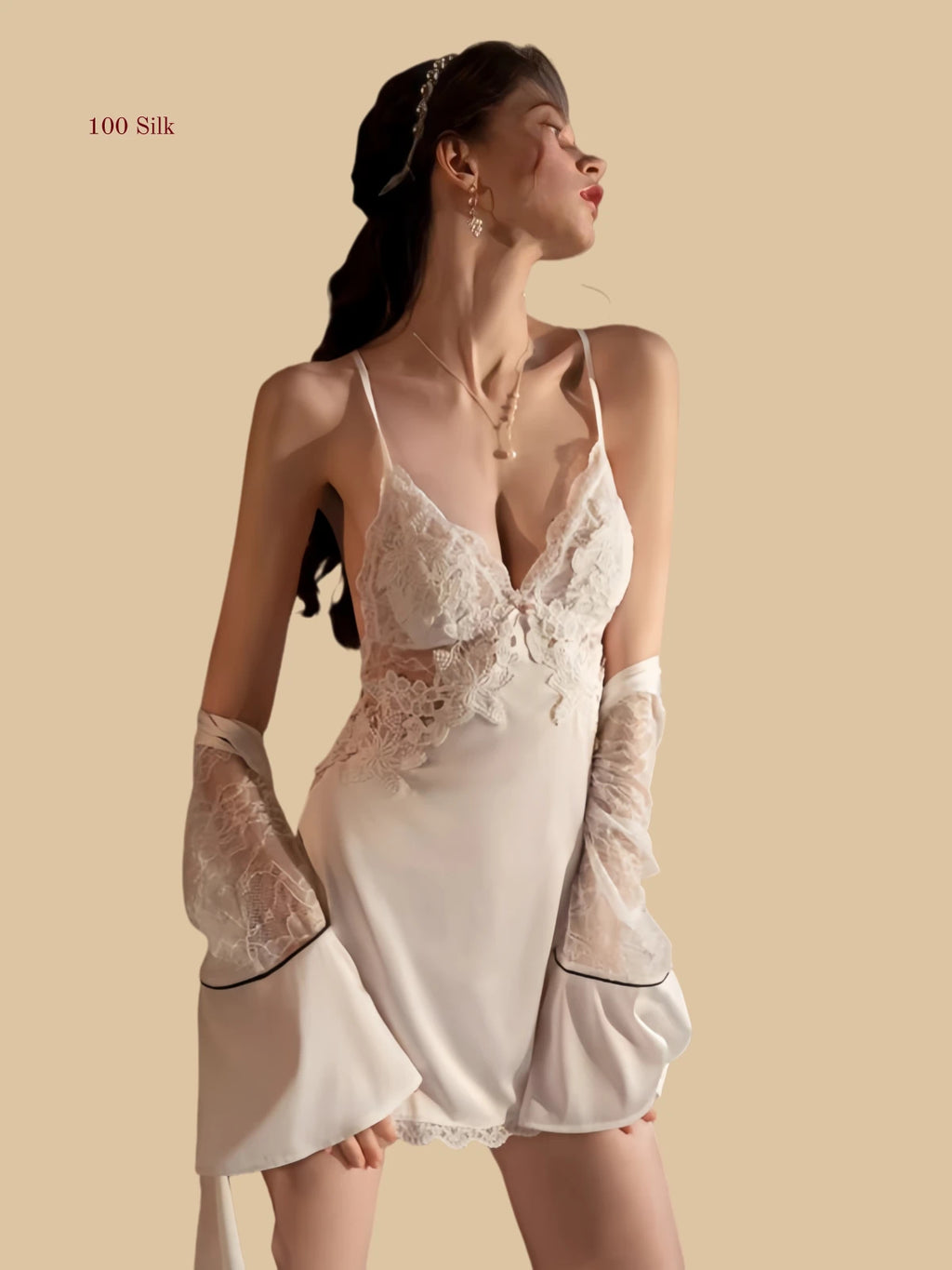 white 19mm lace slip robe set front view with flared sleeves and mini slip