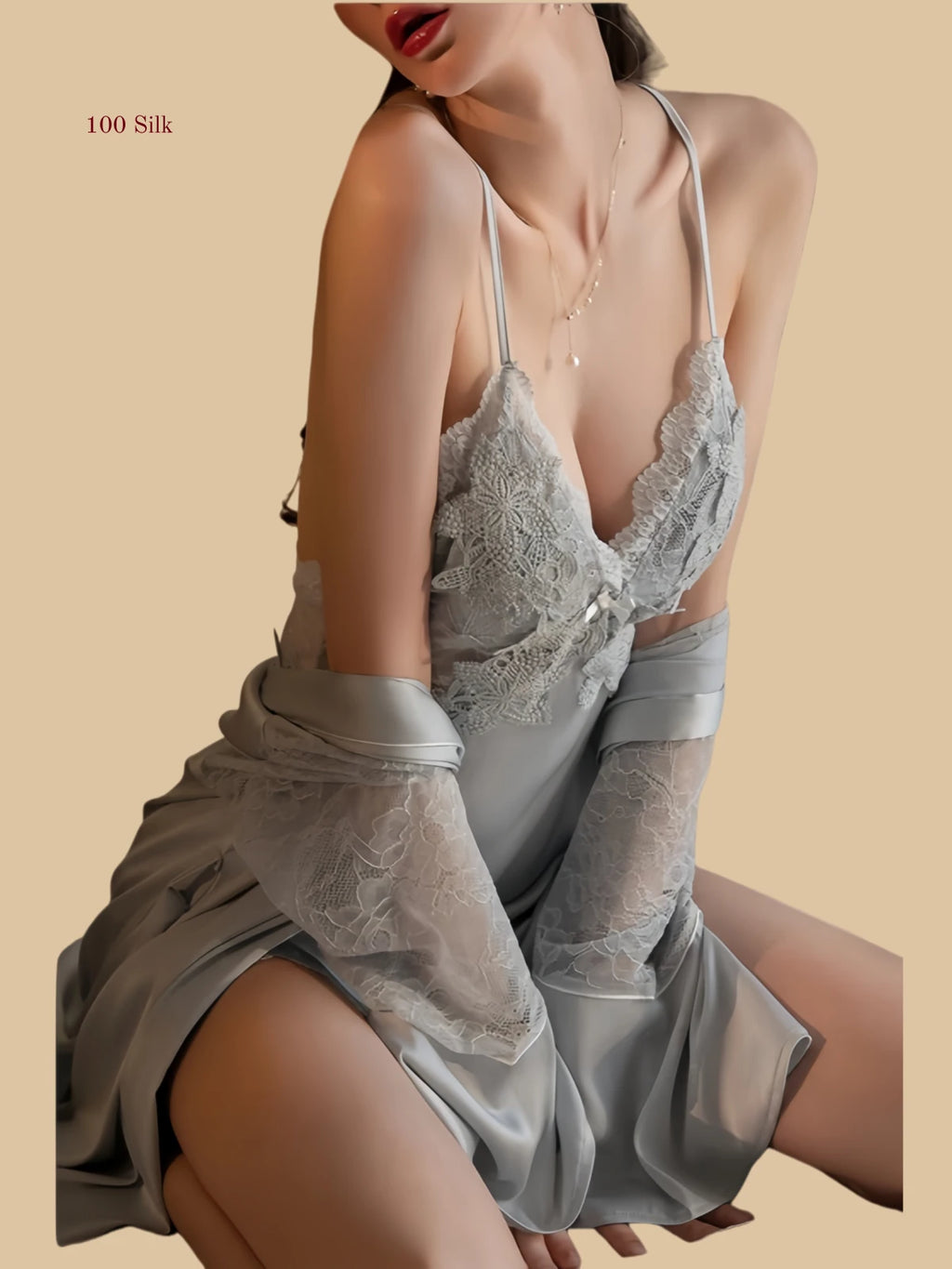 19mm silk slip front view with lace bodice and side lace shaping