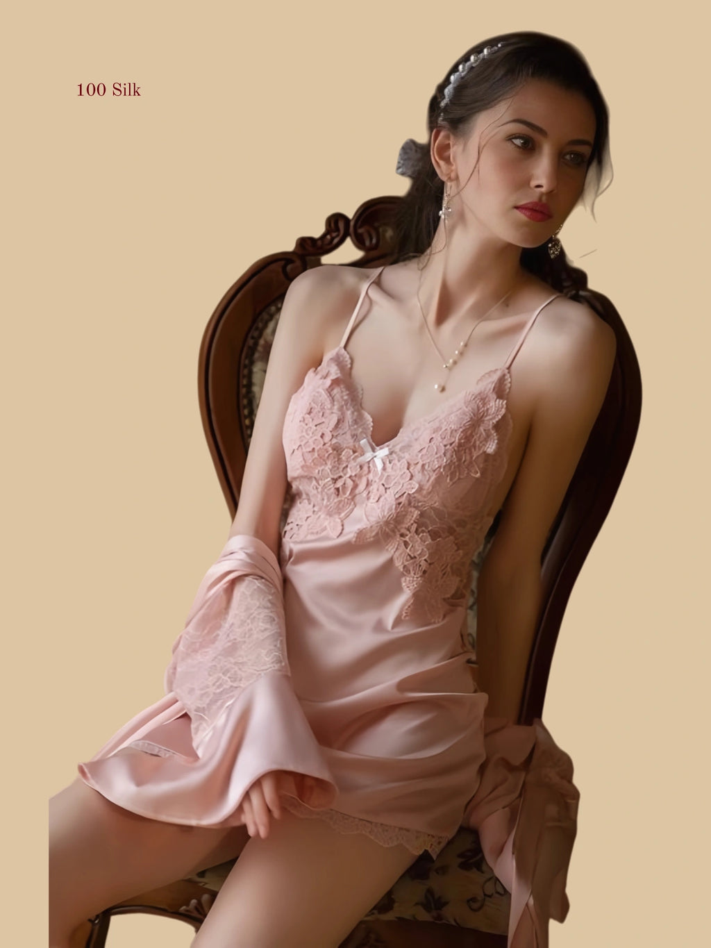 pink 19mm silk slip front view with lace bodice and side lace shaping