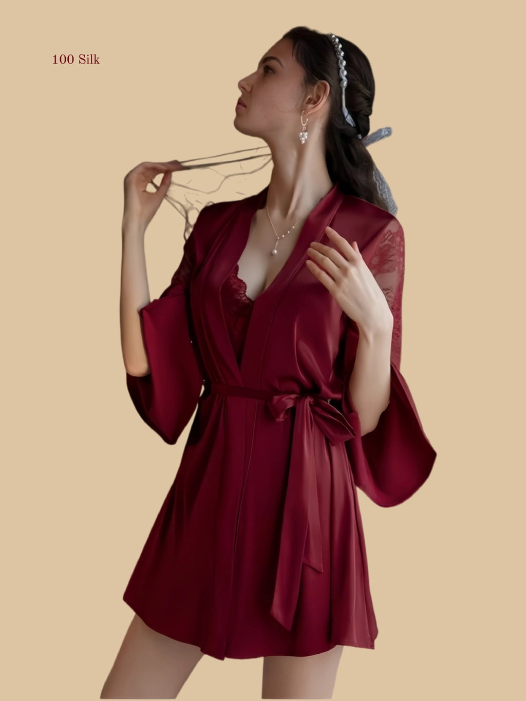 Burgundy 19mm lace slip robe set front view with tie waist robe and lace bodice