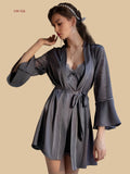 Blue-gray 19mm lace slip robe set front view with tie waist robe and lace bodice