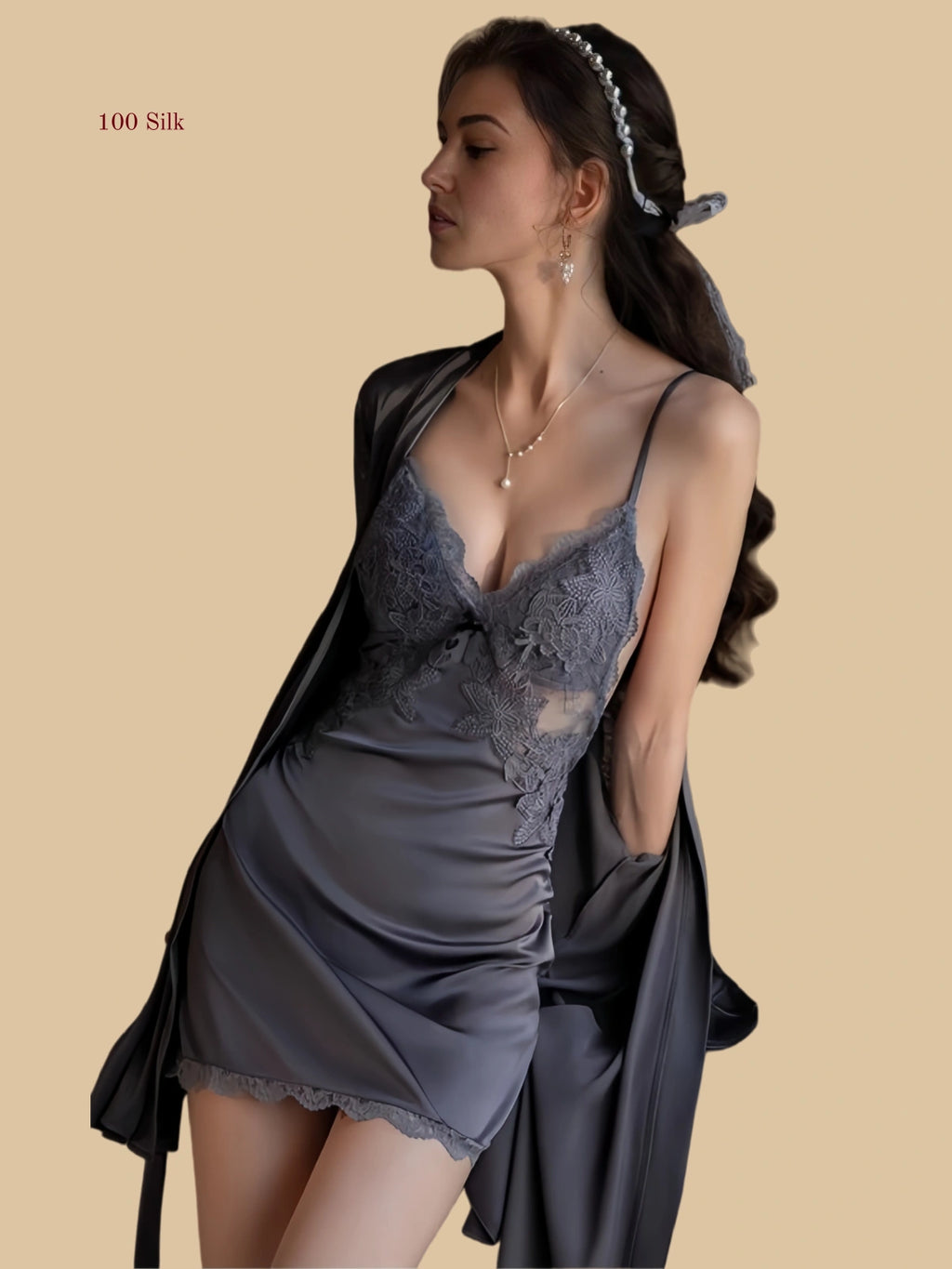 Blue-gray 19mm lace slip robe set front view with tie waist robe and lace bodice