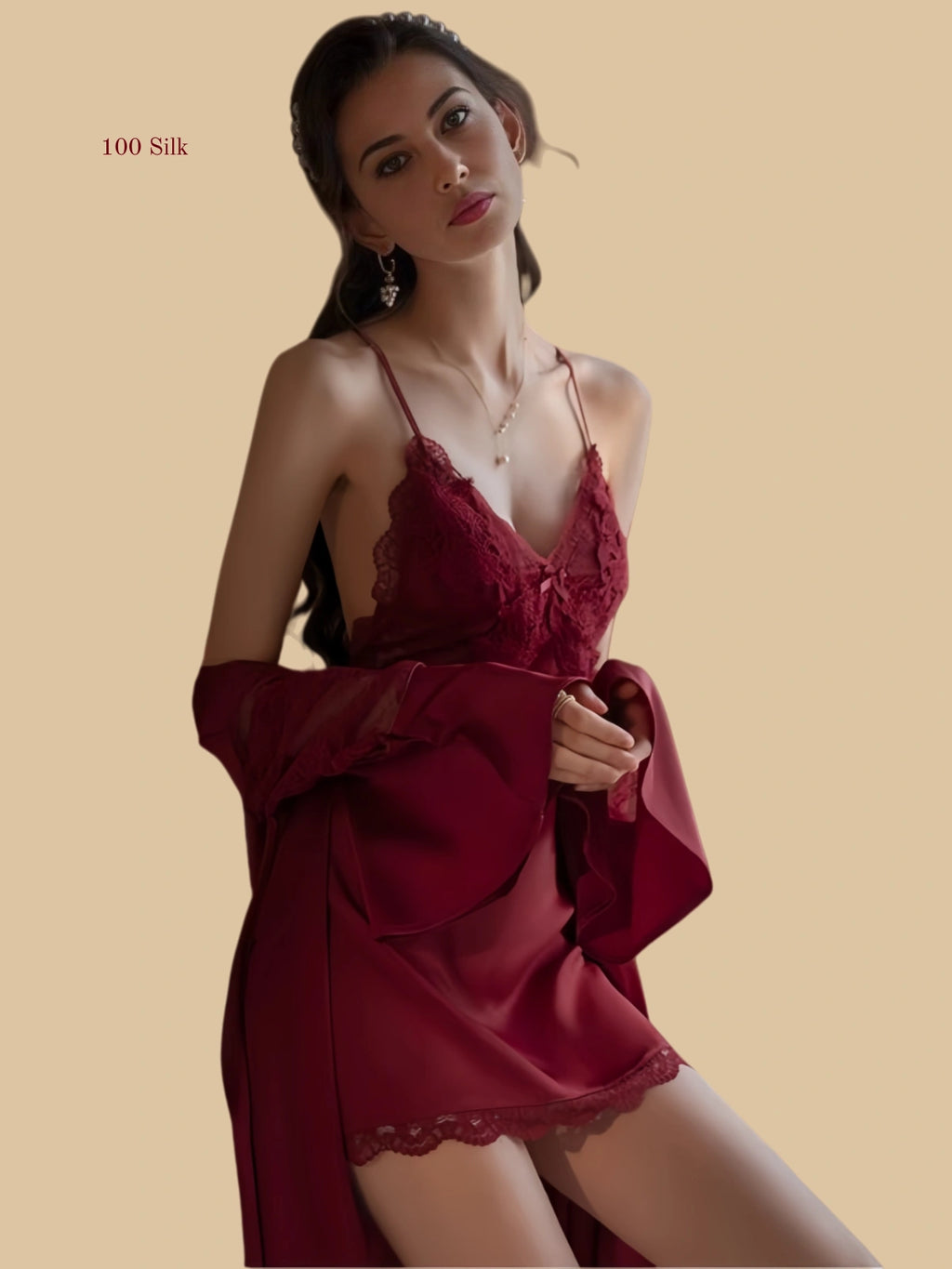 Burgundy 19mm lace slip robe set front view with tie waist robe and lace bodice