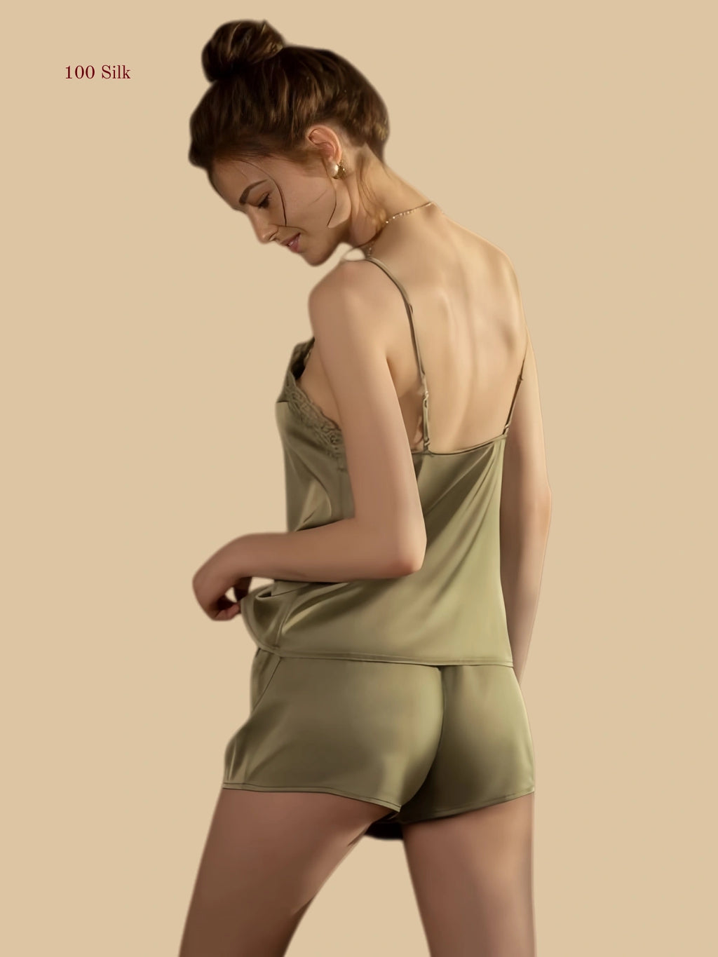 Matcha green 19mm silk cami short set back view with slim straps and smooth back camisole