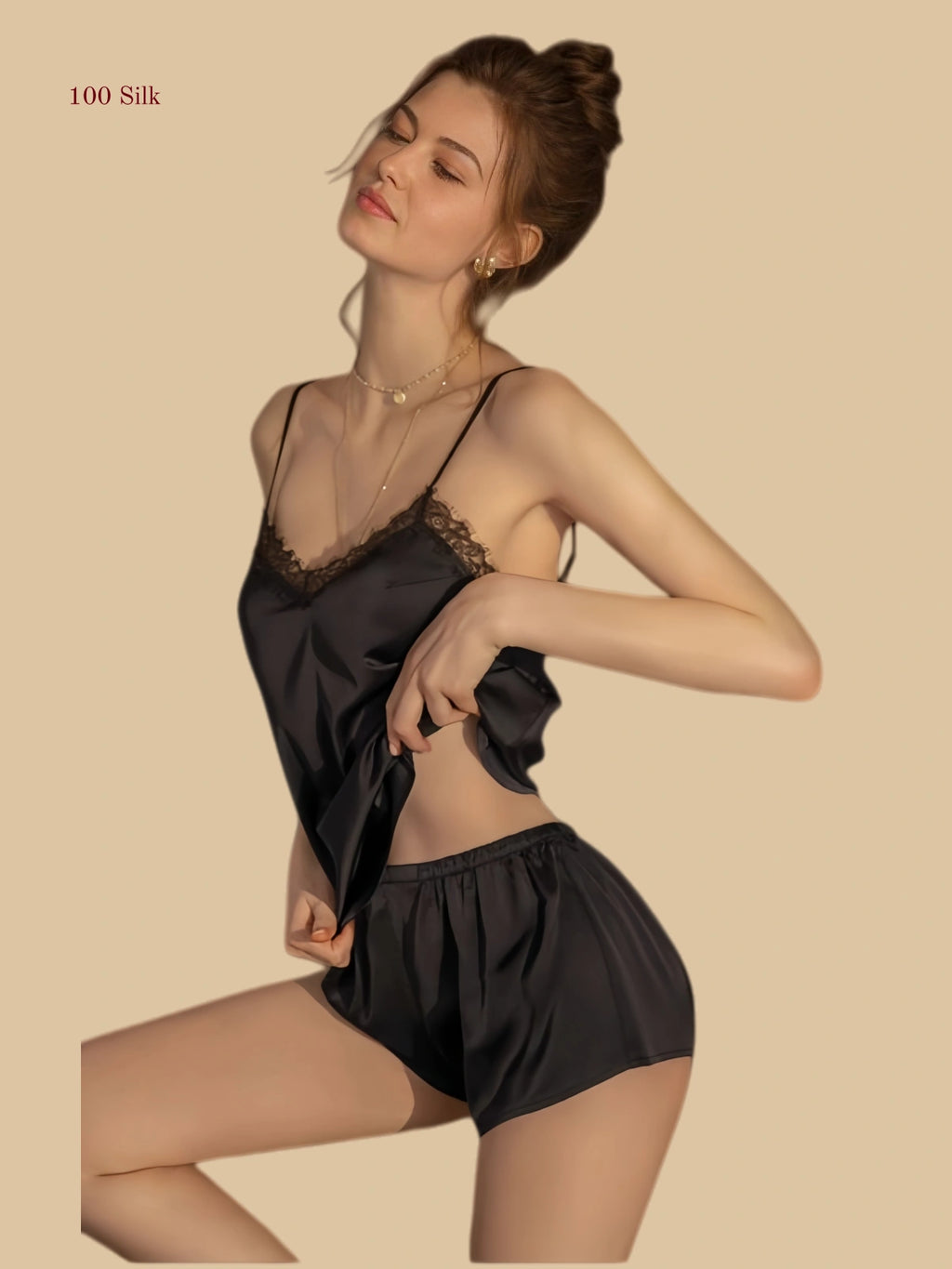 black 19mm silk cami short set front view with lace-trim neckline and elastic-waist shorts